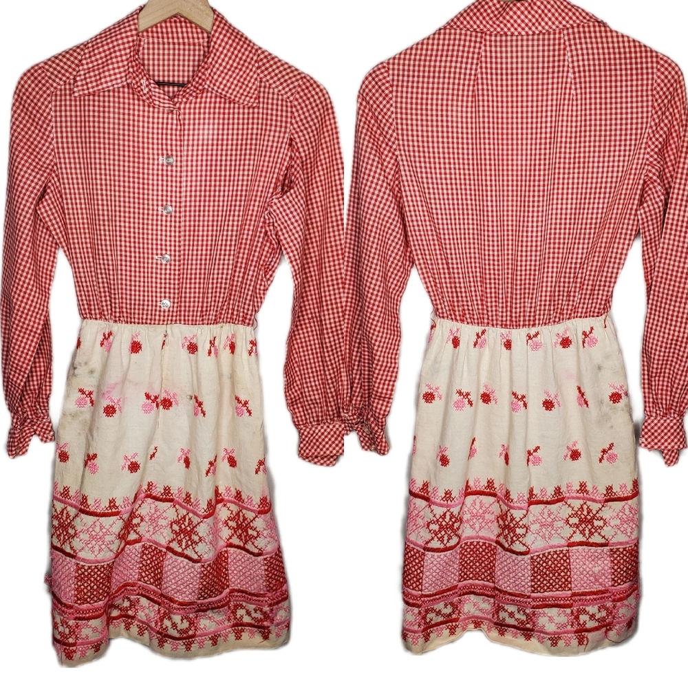 VINTAGE 70s Chuck Howard Boutique Gingham Collar Button Down Pattern Dress